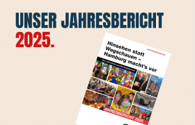 Cover des Jahresberichts 2025 des Hamburger Spendenparlament mit dem Titel „Hinsehen statt Wegschauen – Hamburg macht’s vor“ und einer Bildcollage sozialer Projekte aus Hamburg.