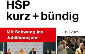 Titelseite des HSP-Newsletters „HSP kurz + bündig“, Ausgabe November 2025. Überschrift: „Mit Schwung ins Jubiläumsjahr“. Darunter eine Podiumsdiskussion mit fünf Teilnehmenden des Hamburger Spendenparlaments und Publikum.